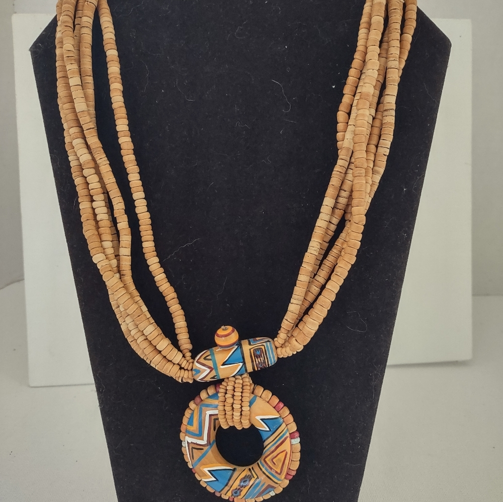 Native American hand painted wooden necklace